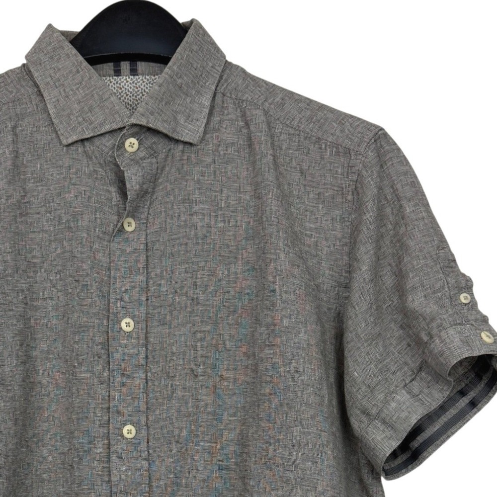 Robert Graham Mens Large LINEN Blend Short Sleeve Button Up Gray‎ Basketweave